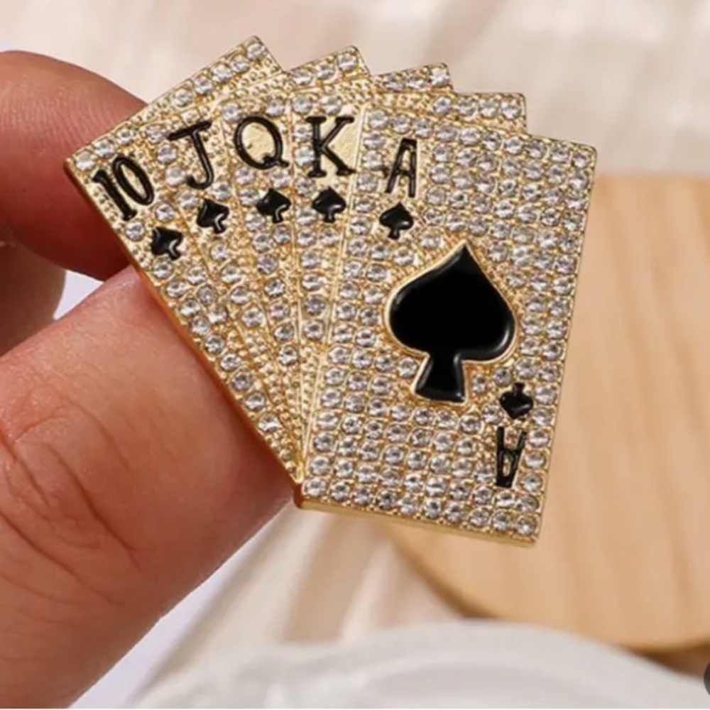 Gold Rhinestone Flush Playing Card Brooch